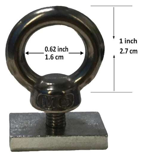 Close-up of Heavy Duty Stainless Steel Eye Bolt Tie Down Anchor Kit with M8 eye bolt and slot nut, showing dimensions for 500kg load