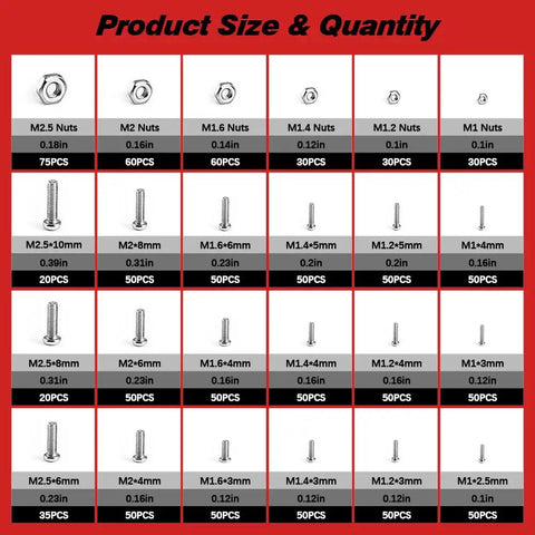 1110 Pcs Micro Screw And Nuts Kit Stainless Steel Phillips Screws M1 For Electronics Watches Glasses And DIY Repairs size chart