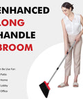 Heavy Duty Angle Broom With Adjustable Handle And Wide Brush Head Built Like A Beast To Clean Concrete Patios Garages And Driveways Without Breaking A Sweat Two Pack Black Red, woman using broom indoors.