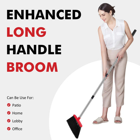 Heavy Duty Angle Broom With Adjustable Handle And Wide Brush Head Built Like A Beast To Clean Concrete Patios Garages And Driveways Without Breaking A Sweat Two Pack Black Red, woman using broom indoors.