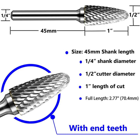 SF-5 Tungsten Carbide Burr Set Double Cut Rotary Burrs Tree Shape Radius End For Die Grinder with measurements chart