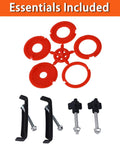 Accessories for Beefy Benchtop Router Table Built Tough With Sturdy Steel Stand, includes red rings and black clamps.