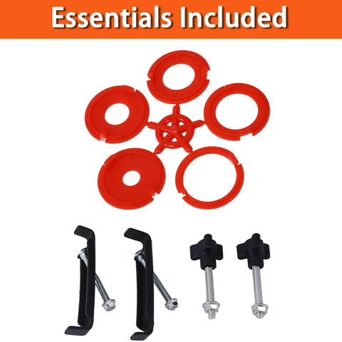 Accessories for Beefy Benchtop Router Table Built Tough With Sturdy Steel Stand, includes red rings and black clamps.