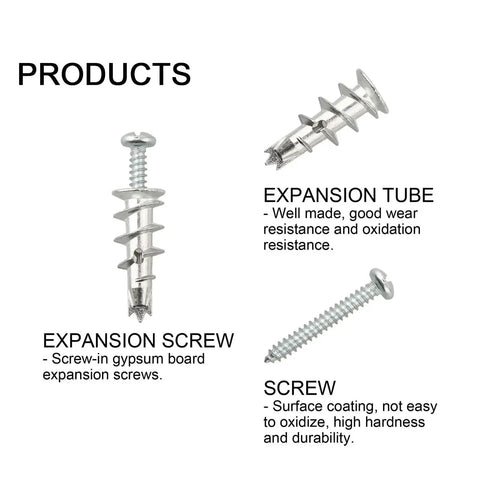 Tool Free Self Drilling Drywall Anchors Kit 100 Pcs Zinc Hollow Wall Anchors with screws and expansion tubes image