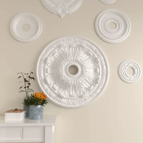 Flagstone Ceiling Medallion For Canopies 30 Inch Outer Diameter Inner Opening 3 7/8 Inches Projection 3 1/4 Inches Primed And Ready For Quick Install With Drill Glue Or Screws Fits Canopies Up To 3 7/8 Inches Lightweight Polyurethane Decorative