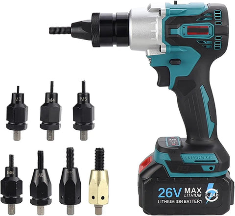 Badass Cordless Electric Rivet Gun And Auto Rivet Nut Tool Featuring A Slick Brushless Motor and dual speed controls with M3 to M12 bits.