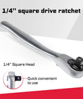 1/4 inch square drive ratchet shown in close-up, made with durable metal, part of Mini Four Piece One Quarter Inch Drive Ratchet Wrench Set.