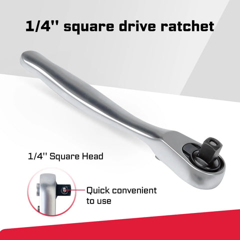 1/4 inch square drive ratchet shown in close-up, made with durable metal, part of Mini Four Piece One Quarter Inch Drive Ratchet Wrench Set.