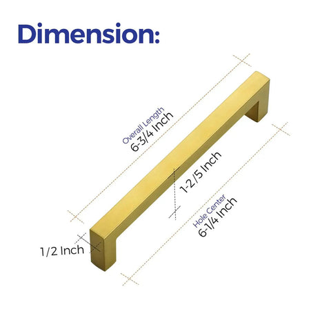 Brushed Brass Square Cabinet Handles With 6 1 4 Inch Center To Center Spacing Heavy Duty Kitchen Drawer Pulls And Vanity Hardware Durable As Heck Easy To Mount For Top Shelf Renovation Projects And Daily Grind dimensions showing overall length of 6-3/4 inch and hole center.