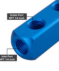 Close-up of aluminum block showing outlet and inlet NPT 1/4 inch ports on All In One Multi Port Air Manifold For Compressors, 2 Way 5 Port Splitter