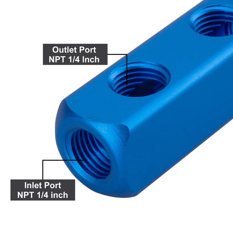 Close-up of aluminum block showing outlet and inlet NPT 1/4 inch ports on All In One Multi Port Air Manifold For Compressors, 2 Way 5 Port Splitter