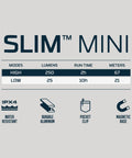 Image showing specifications for Slim Mini Pocket Light 2 Pack Rechargeable LED Flashlights With 250 Lumens Two Modes Magnetic Base.