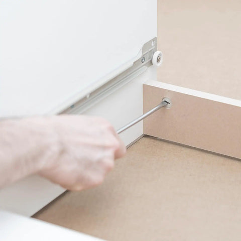 Heavy Duty 16 Inch Bottom Mount Drawer Slides Set 6 Pairs With Mounting Screws White Finish Rust Resistant Cold Rolled Steel Rails Easy Install Replacement Drawer Track Hardware for Bottom Or Side Mount Drawers installed in a cabinet