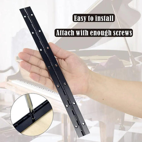 Heavy Duty Black Piano Hinges 14 Inch shown in a hand, solid stainless steel 304 with easy installation for cabinets.
