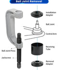 Heavy Duty Ball Joint Press Kit With U Joint Removal Tool and 4WD Adapters illustration showing components and usage