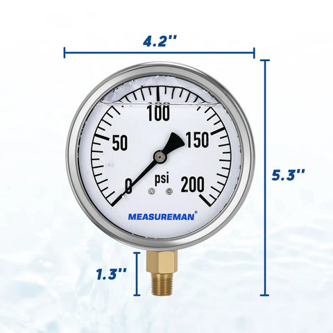 Glycerin Filled Plumbing Pressure Gauge 0 To 200 Psi With Four Inch Dial Stainless Steel Case One Quarter Inch NPT Brass Lower Mount Heavy Duty For Pneumatic Tools Water Filtration And Industrial Hydraulics