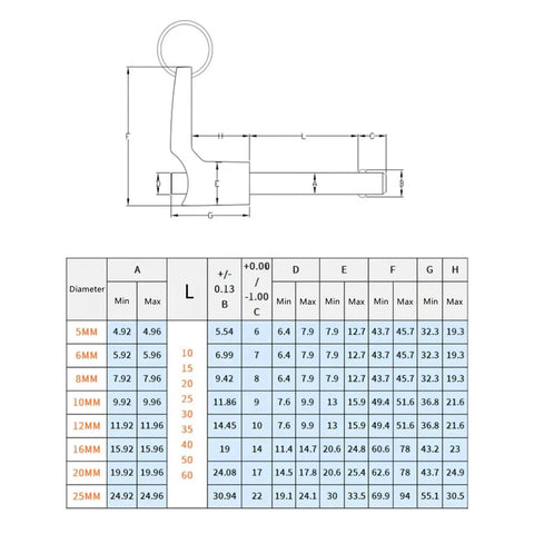 Sturdy 10mm Quick Release Pin Made From Top Grade Stainless Steel For Heavy Duty Applications With Tool Free Snap Action Locking Mechanism And Super Durable Rust Proof Build That Gets The Job Done Fast technical drawing with measurements and specifications.
