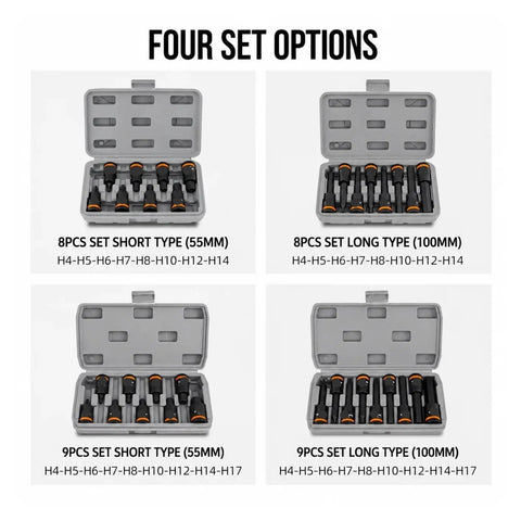 Solid Core S2 Steel 9 Piece Extended Hex Socket Bit Set For Impact Driver Fits Power Drill Rusted Bolts With Heavy Duty Grip And High Torque Performance For Serious DIY Jobs, 8-piece and 9-piece cases, 55mm and 100mm