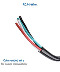Close-up of Replacement 50 Amp RV Power Cord With Four Prong, 25 Ft, 6/8 AWG Pigtail showing color-coded wires for easy termination