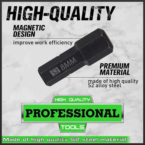 8mm hex bit from 26 Piece Hex Head Allen Wrench Drill Bit Set With One Quarter Inch Hex Shank Quick Change Bit Holder, made of S2 steel.