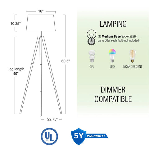 Mid Century Inspired Tripod Floor Lamp With Energy Efficient LED Bulb Natural Wood Legs And White Shade 60.5 Inch Tall Modern Living Room Lighting For A Cozy Vibe And Home Ambience