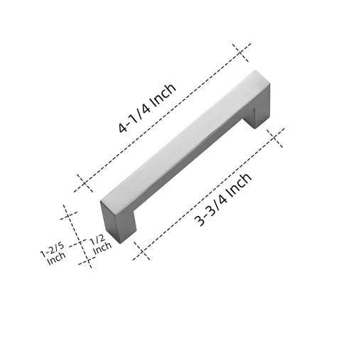 60 Pack 3.75 Inch Square Cabinet Handles In Satin Nickel Brushed Nickel Finish, 96mm Center To Center Spacing, measurement details
