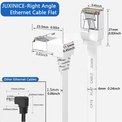 Two Pack Right Angle Cat6 Ethernet Cable 6Ft Flat Patch Cord White 90 Degree Up And Down Angles For Tight Spaces Behind Furniture Or Wall Plate High Speed 10Gbps LAN Cable close-up