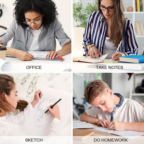 People using Everlasting Inkless Pencil Set With 10 Reusable Pencils for drawing, writing, sketching, and homework in various settings