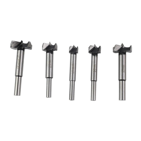 Heavy Duty Forstner Drill Bit Set 15 To 35 Millimeters With Dead Center Tip for wood drilling, showing five bits of varying sizes.