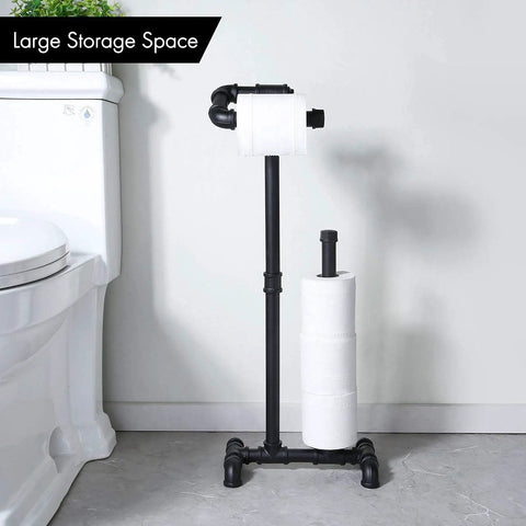 Rustic Farmhouse Toilet Paper Holder Stand With Reserve, Industrial Pipe Style Black Bathroom Storage, holds jumbo rolls