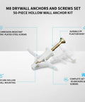 50 Pack M8 Drywall Anchors With Zinc Plated Screws For Hollow Walls Heavy Duty Anchor Kit displayed with detailed features