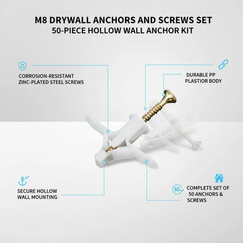 50 Pack M8 Drywall Anchors With Zinc Plated Screws For Hollow Walls Heavy Duty Anchor Kit displayed with detailed features