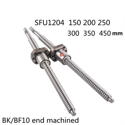 Two silver SFU1204 ball screws with anti-backlash nuts, 12mm diameter, various lengths, rolled finish, for CNC precision