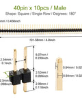 40 Pin Pin Header Strip 10 Pieces Gold Plated 2.54mm Pitch Straight Single Row Breakaway Headers with detailed dimensions.