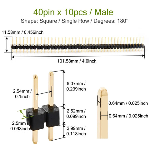 40 Pin Pin Header Strip 10 Pieces Gold Plated 2.54mm Pitch Straight Single Row Breakaway Headers with detailed dimensions.