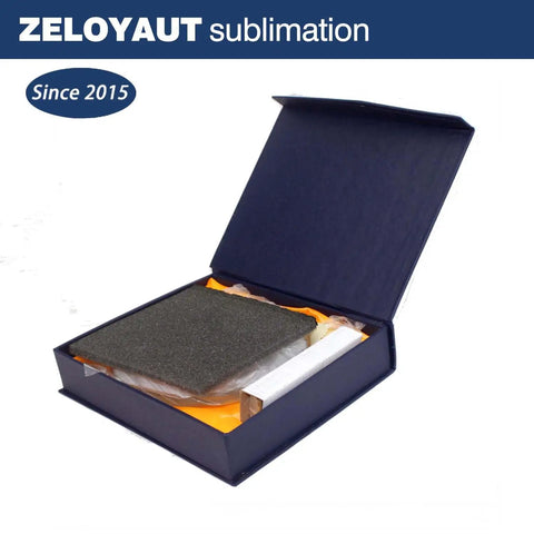 Crystal Glass Trophy and Frame for Sublimation Prints, Heat Press Ready, shown in open packaging box, 80mm-240mm size