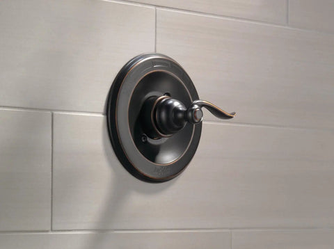 Windemere 14 Series Shower Valve Trim Kit In Oil Rubbed Bronze With Single Function Handle Set For Shower System Monitor Pressure Balanced Valve Not Included Universal Rough In Valve No Brainer For Easy Install on tiled wall.