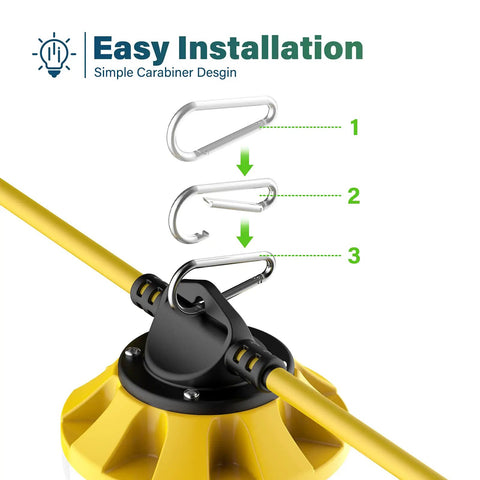 Construction Lights String 50Ft Temporary Work Light With 5 Integrated LED Bulbs showing carabiner hook installation steps