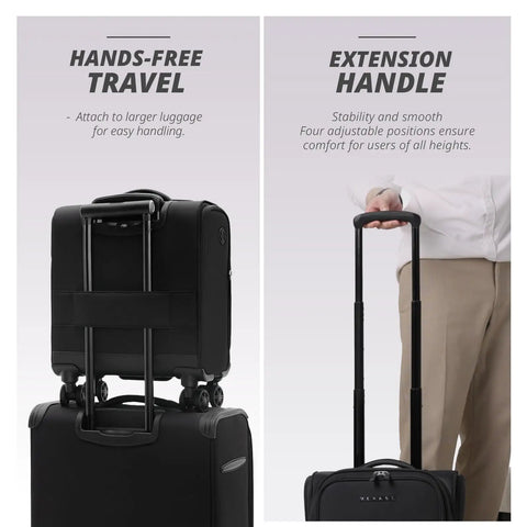 Underseat Carry On Luggage With Wheels 14 Inch Softside Spinner Travel Bag In Black attached to larger suitcase