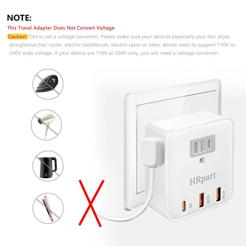 2 Pack All In One European Travel Plug Adapter With 20W PD 3.0 And QC 3.0 Ports plugged into white wall socket, warning note visible