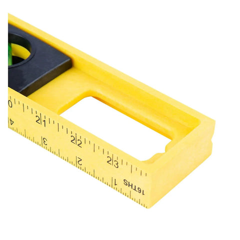 24 Inch Magnetic Top View Level Made In Usa Featuring Three Precision Vials For Dead On Accuracy Heavy Duty Frame close-up with ruler marks.