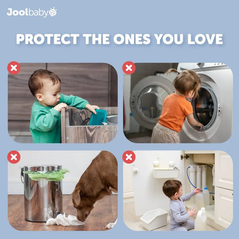 Four Pack Baby Proof Cabinet, Drawer, Fridge, Toilet And Trash Can Locks With 3M Adhesive - No Tools Needed shown with toddlers and dog