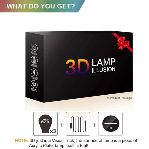 Product package of 3D Illusion Night Light For Kids With Touch Control Color Changing LED Lamp Featuring 3 Pattern Modes Safe ABS Base Perfect Bedroom Decor And Gift For Boys And Men Christmas Gift Idea.