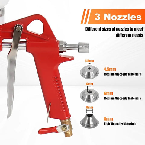 Heavy Duty Drywall Texture Sprayer Kit Featuring 1.5 Gallon Air Hopper And Badass Spray Gun showcasing red spray gun and three nozzles.