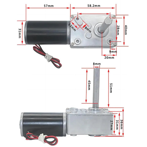 Heavy Duty DC Worm Gear Motor With Kickass 70Kg Cm Torque And Built Tough Metal Gears For Solid 12V Or 24V Power Featuring A Self Locking 51Mm D Shaft showing dimensions and design.