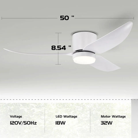 50 Inch Recessed Thin Indoor Ceiling Fan With Lights White 3 Blade Modern Remote DC Silent Motor Quiet Airflow