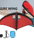 Inflatable Surf Wing for Wind Foiling and Kitesurfing Handheld Foil Wing Kite, red canopy, accessories in foreground, water background