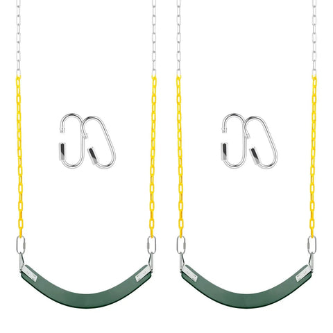Swing Seat With 66 Inch Anti Rust Chains Thermoplastic Coated Supports 250 Lb Heavy Duty Cushion Accessories Replacement With Snap Hooks For Outdoors Playground Jungle Gym Pack Of 2 showing two green seats with yellow chains and snap hooks.
