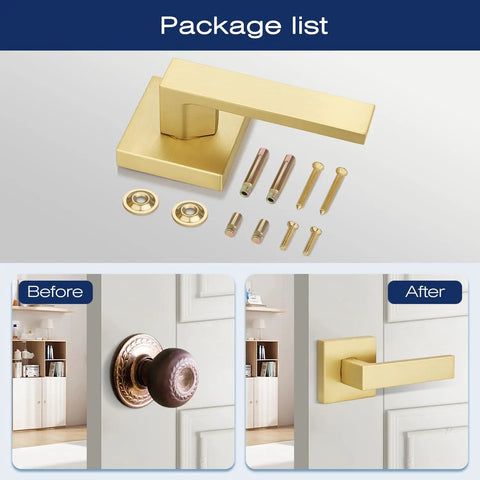 Gold Dummy Door Lever Handles Set Of 6 For Interior Doors And Closets No Latch Or Lock, display contents with before-after comparison
