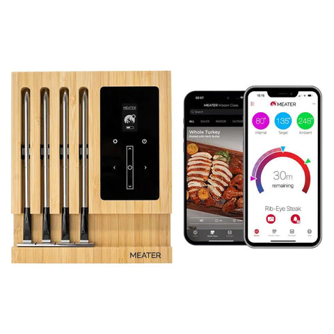 4 Probe WiFi Smart Meat Thermometer With Guided Cook System And Real Time Alerts next to mobile app on screens
